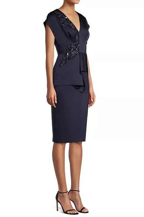Aidan Mattox Sequin Lace Applique V-Neck Cap Sleeve Peplum Satin Dress