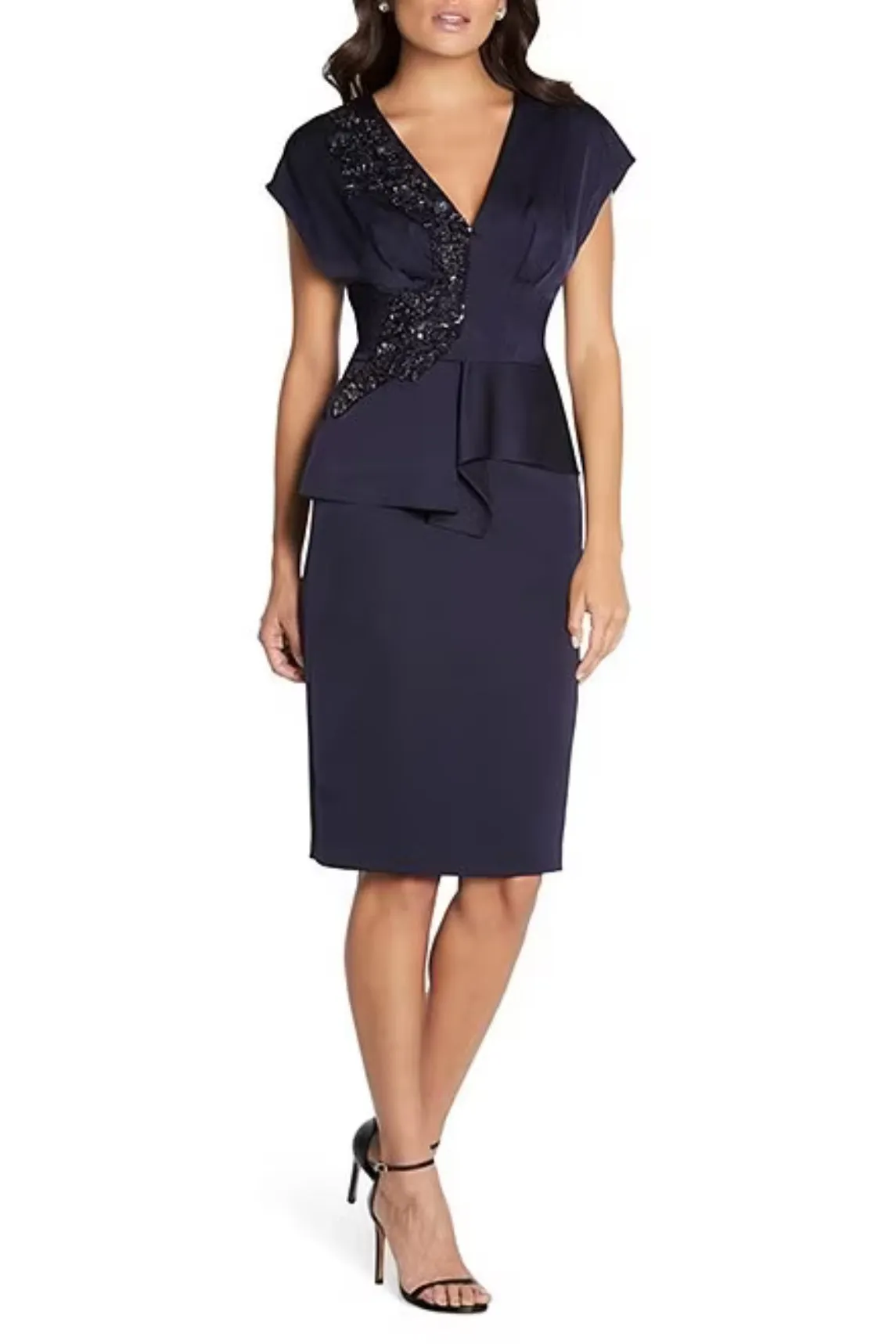 Aidan Mattox Sequin Lace Applique V-Neck Cap Sleeve Peplum Satin Dress