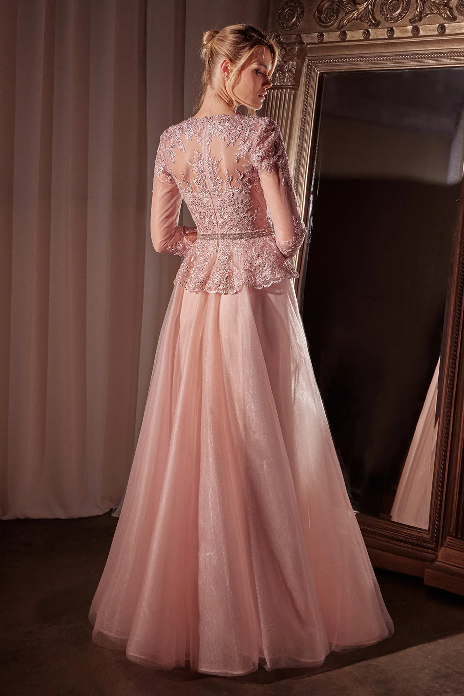 Applique 3/4 Sleeve A-line Gown by Ladivine CD789