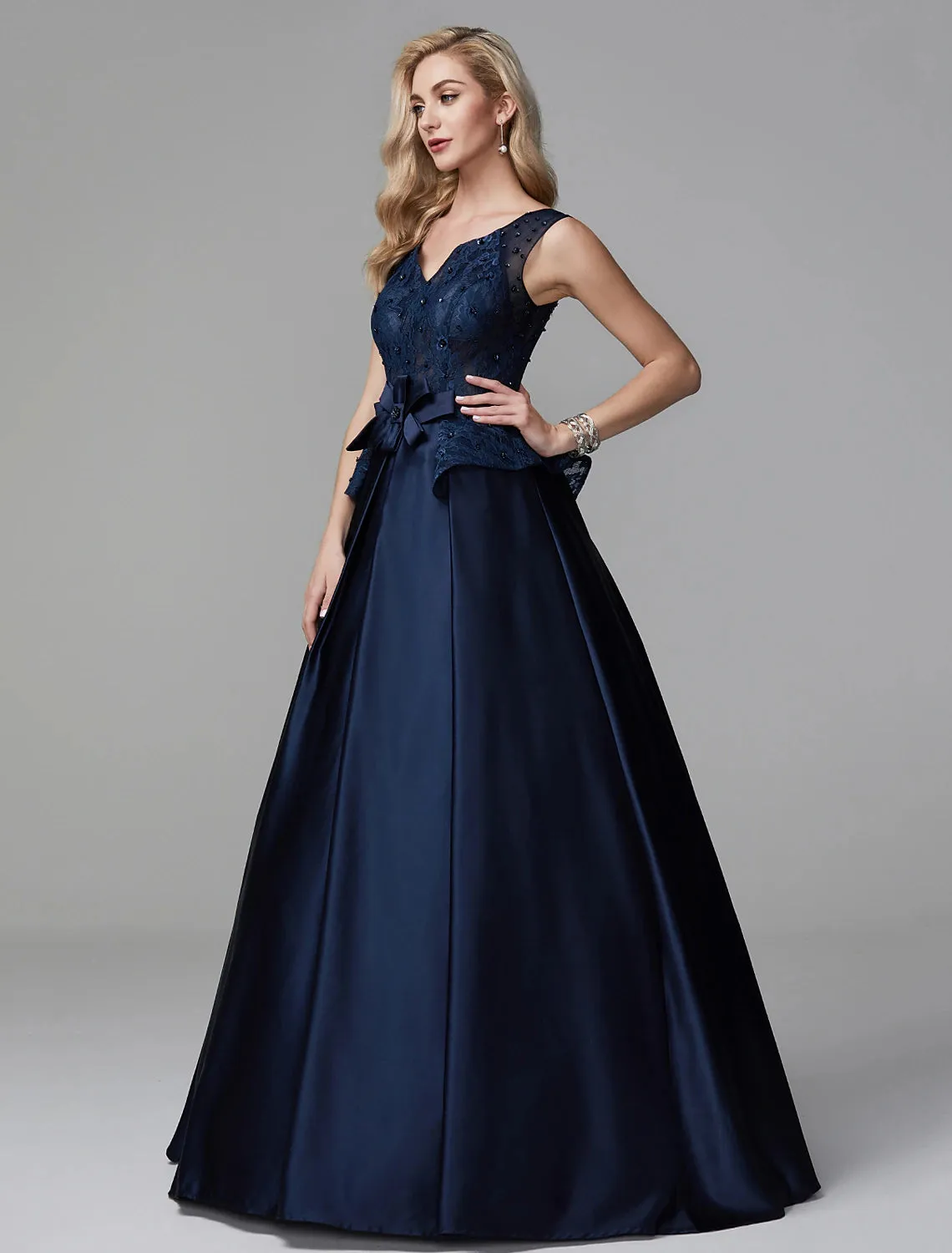 Ball Gown Peplum Quinceanera Formal Evening Dress V Neck Sleeveless Floor Length Lace with Bow(s) Beading