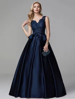 Ball Gown Peplum Quinceanera Formal Evening Dress V Neck Sleeveless Floor Length Lace with Bow(s) Beading