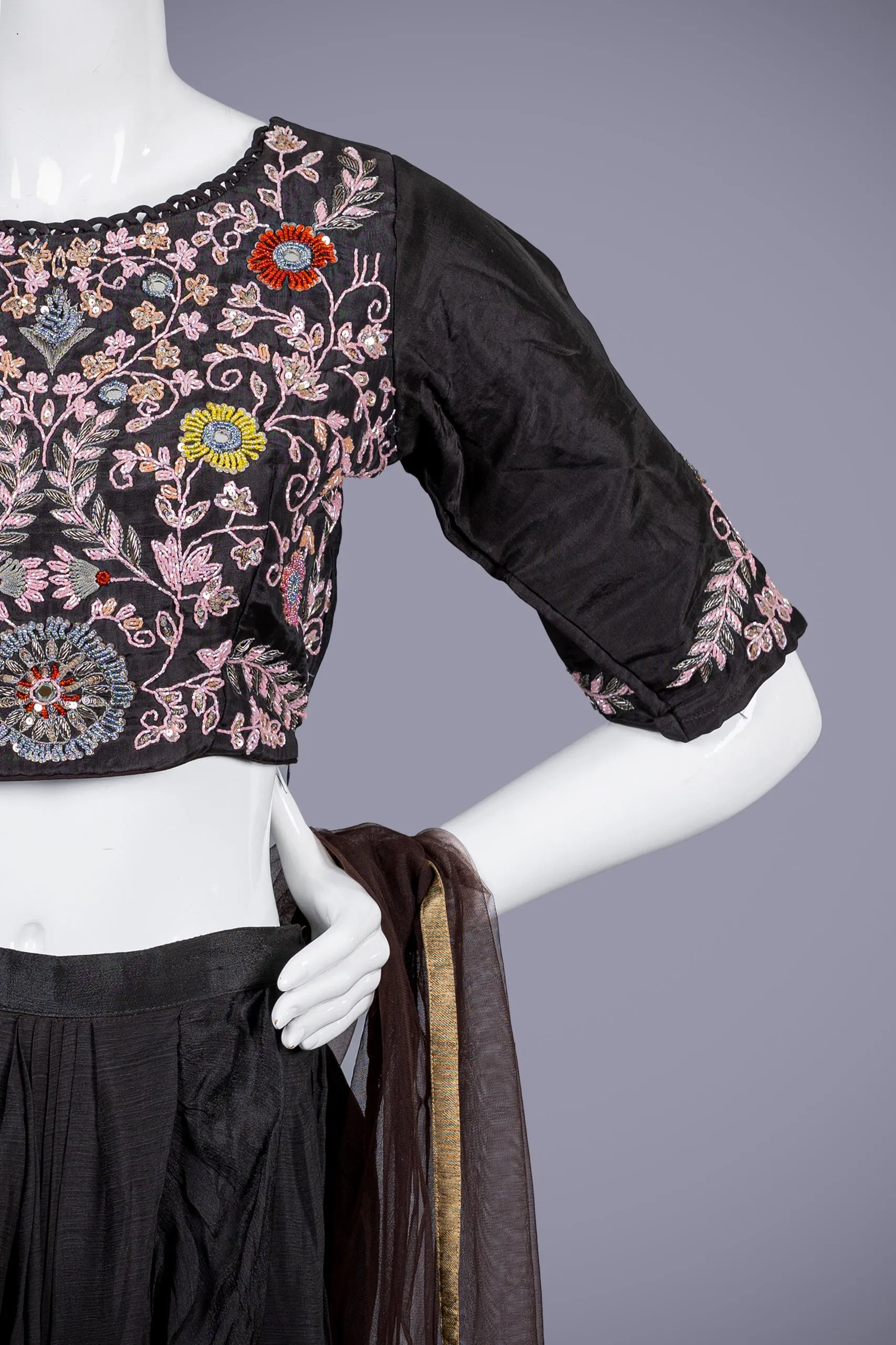 Black & Brown Crop Top in Silk & Katdana Hand Work