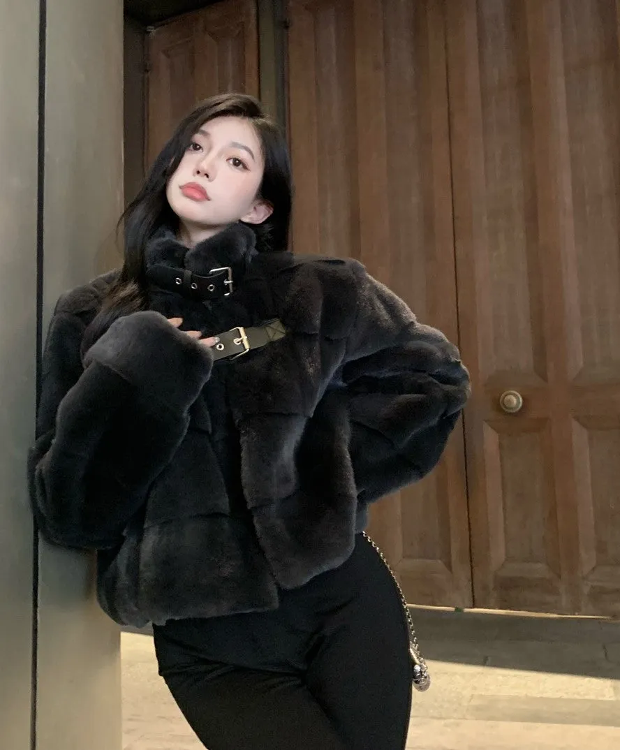 Chic Leather Belt Strap Fur Black Jacket Coat