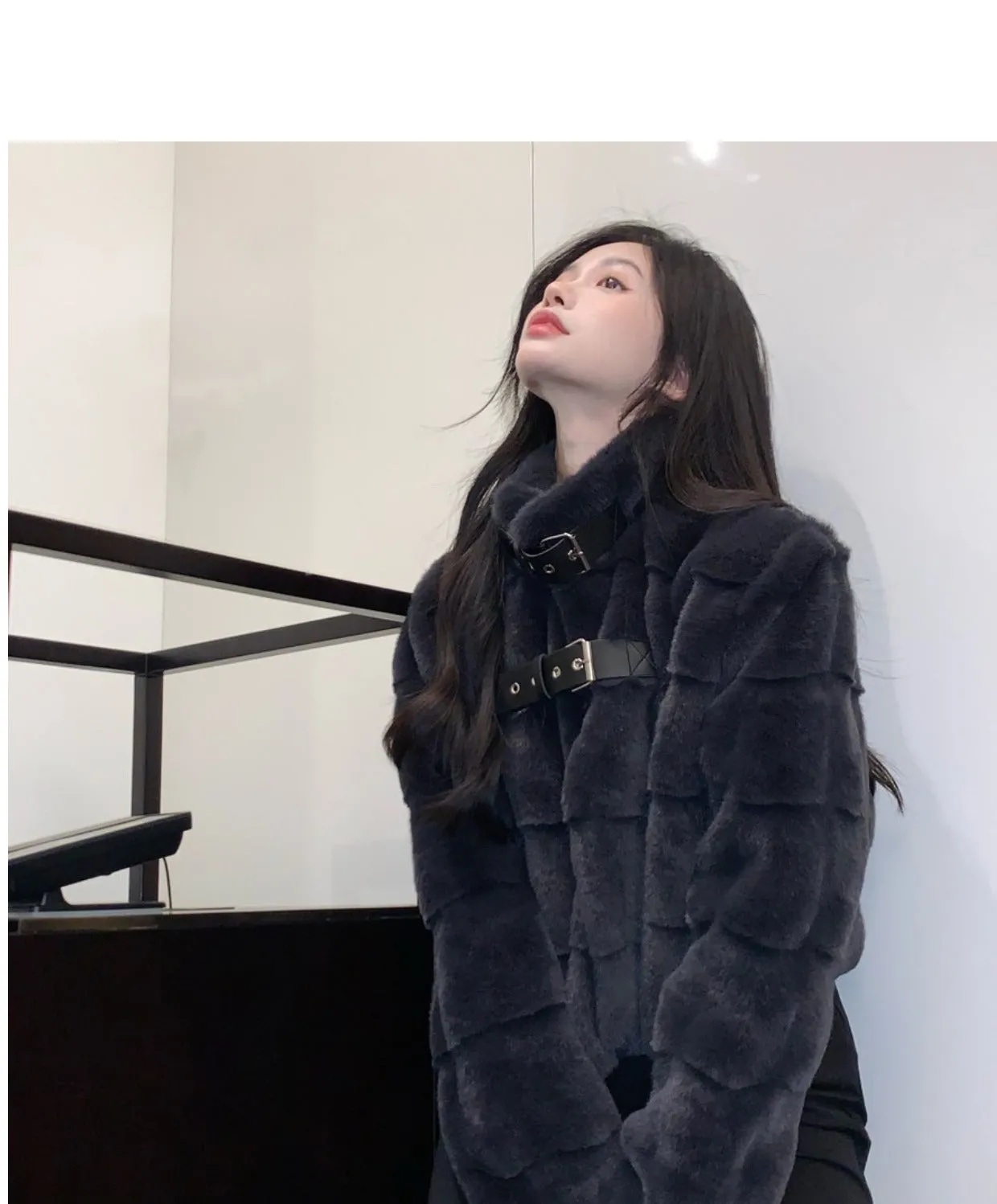 Chic Leather Belt Strap Fur Black Jacket Coat