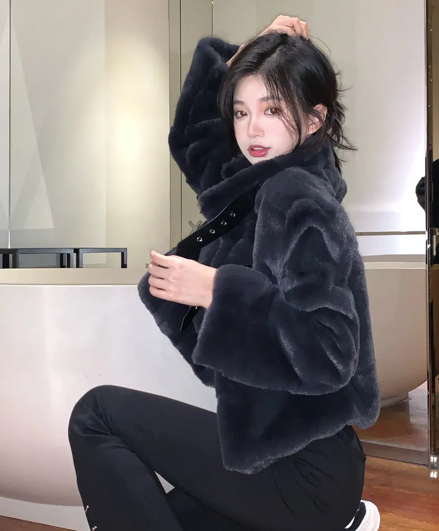 Chic Leather Belt Strap Fur Black Jacket Coat