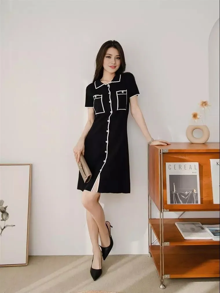 Contrast Lapel Knit Dress