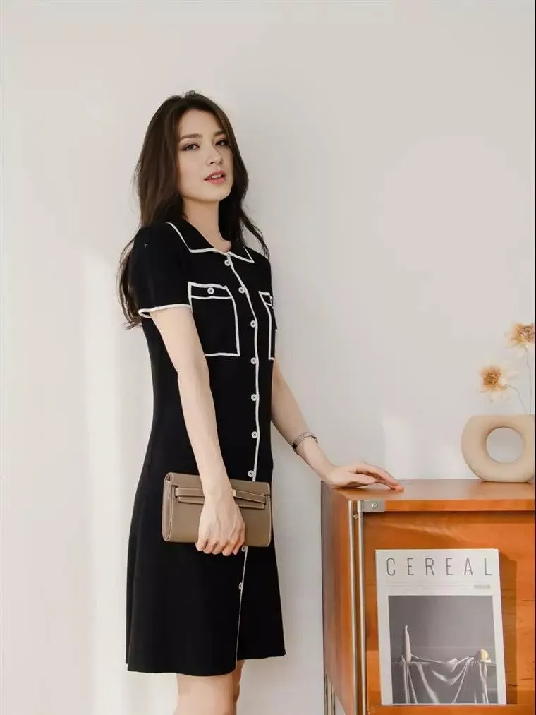 Contrast Lapel Knit Dress