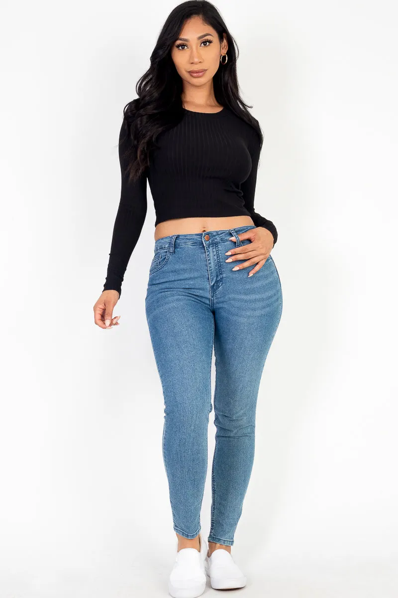 Long Sleeve Round Neck Basic Crop Top