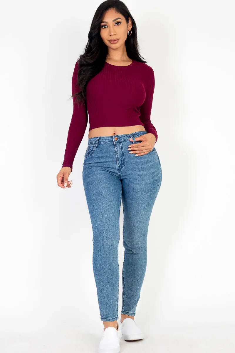 Long Sleeve Round Neck Basic Crop Top