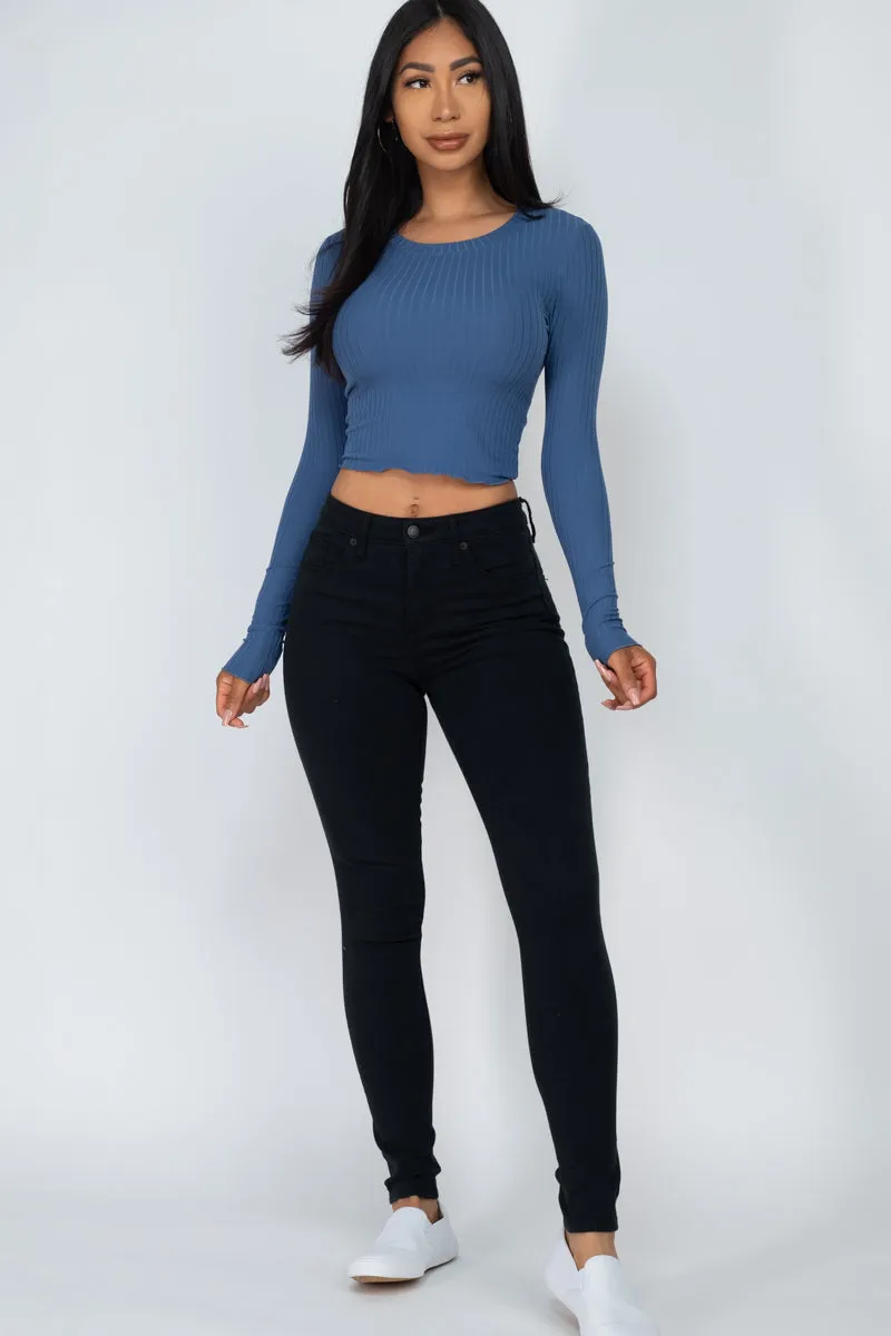 Long Sleeve Round Neck Basic Crop Top