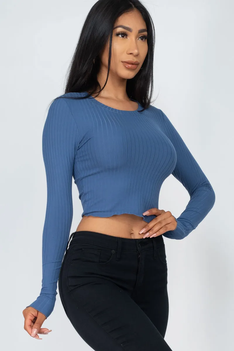 Long Sleeve Round Neck Basic Crop Top