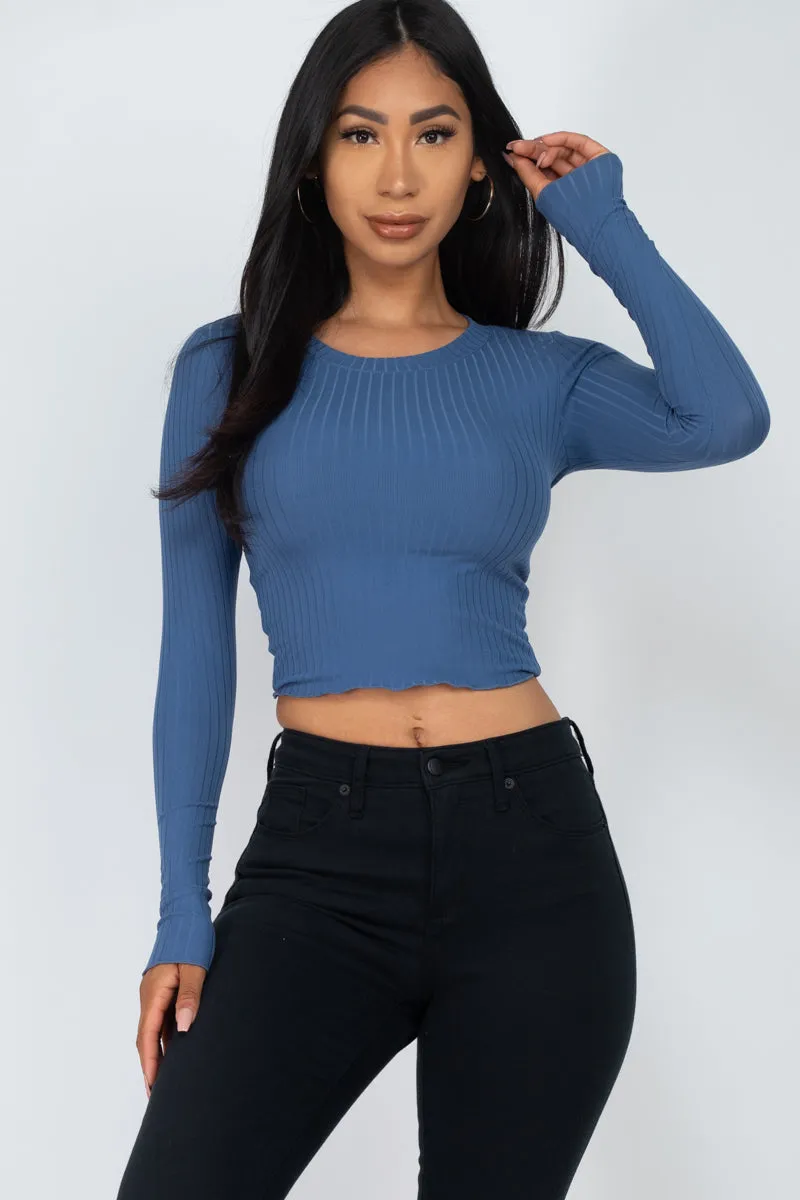 Long Sleeve Round Neck Basic Crop Top
