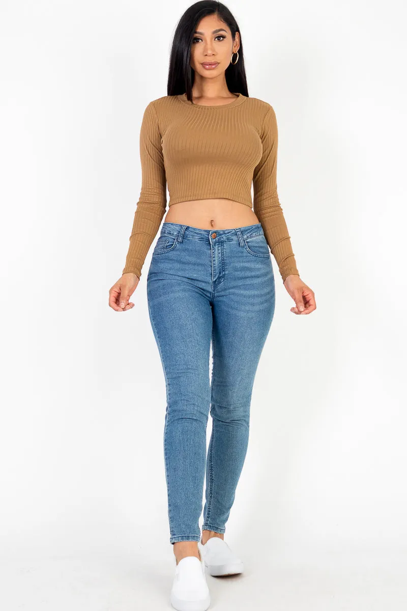 Long Sleeve Round Neck Basic Crop Top