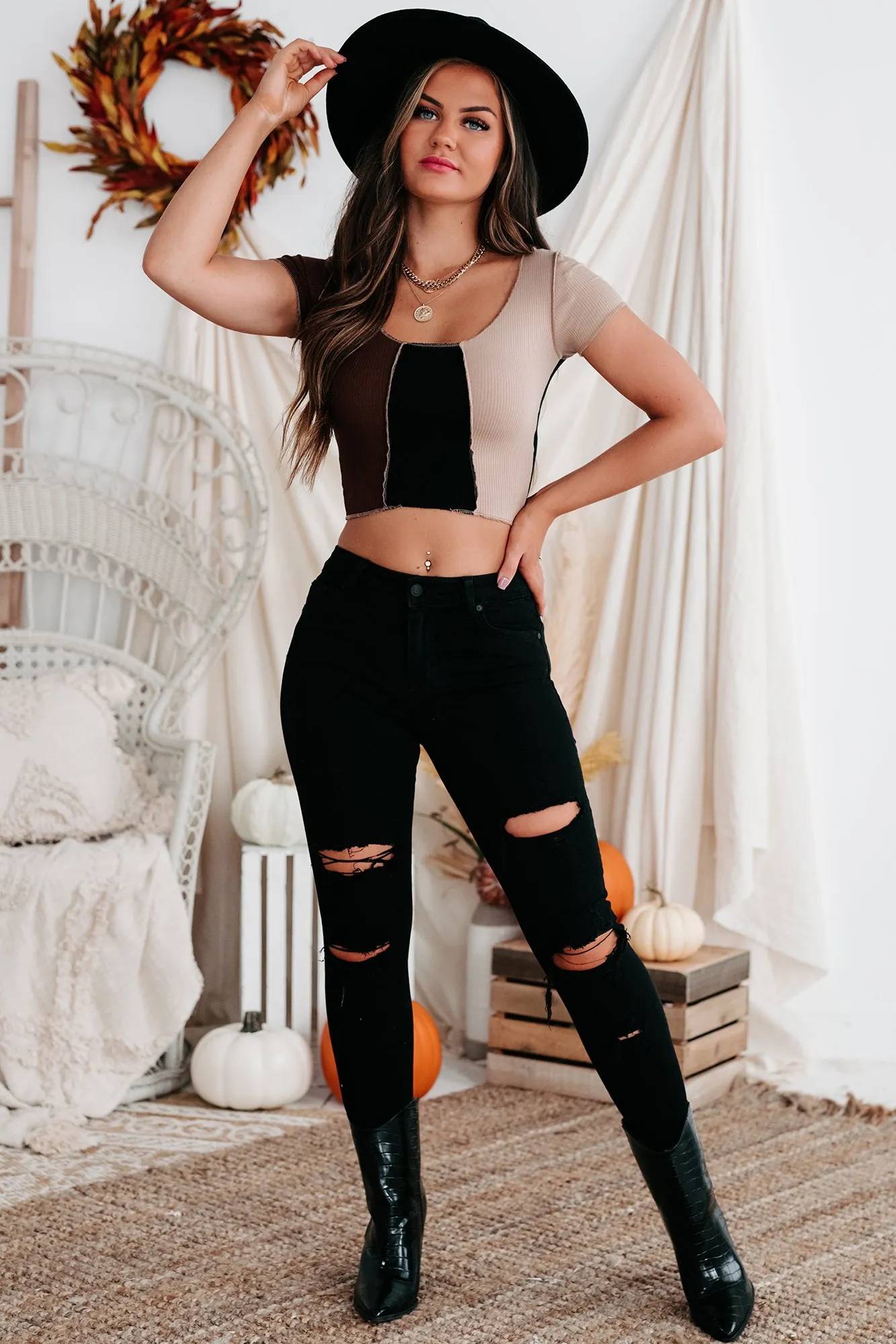 Pique Your Interest Color Block Crop Top (Black)