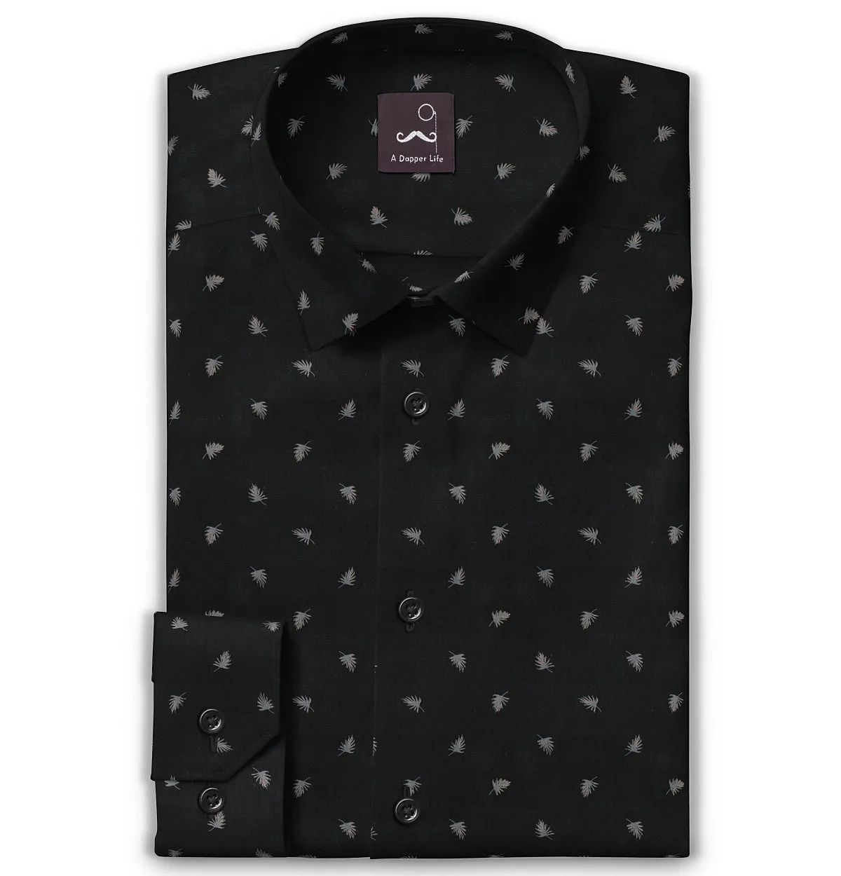 Pure Cotton - Semi-Spread Collar - Long Sleeve - Black Palms