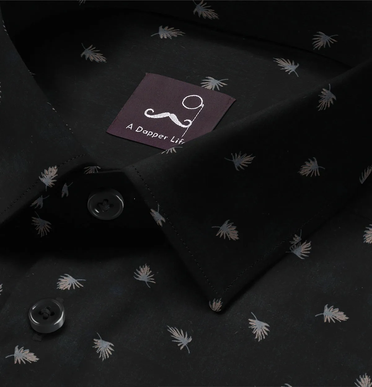 Pure Cotton - Semi-Spread Collar - Long Sleeve - Black Palms