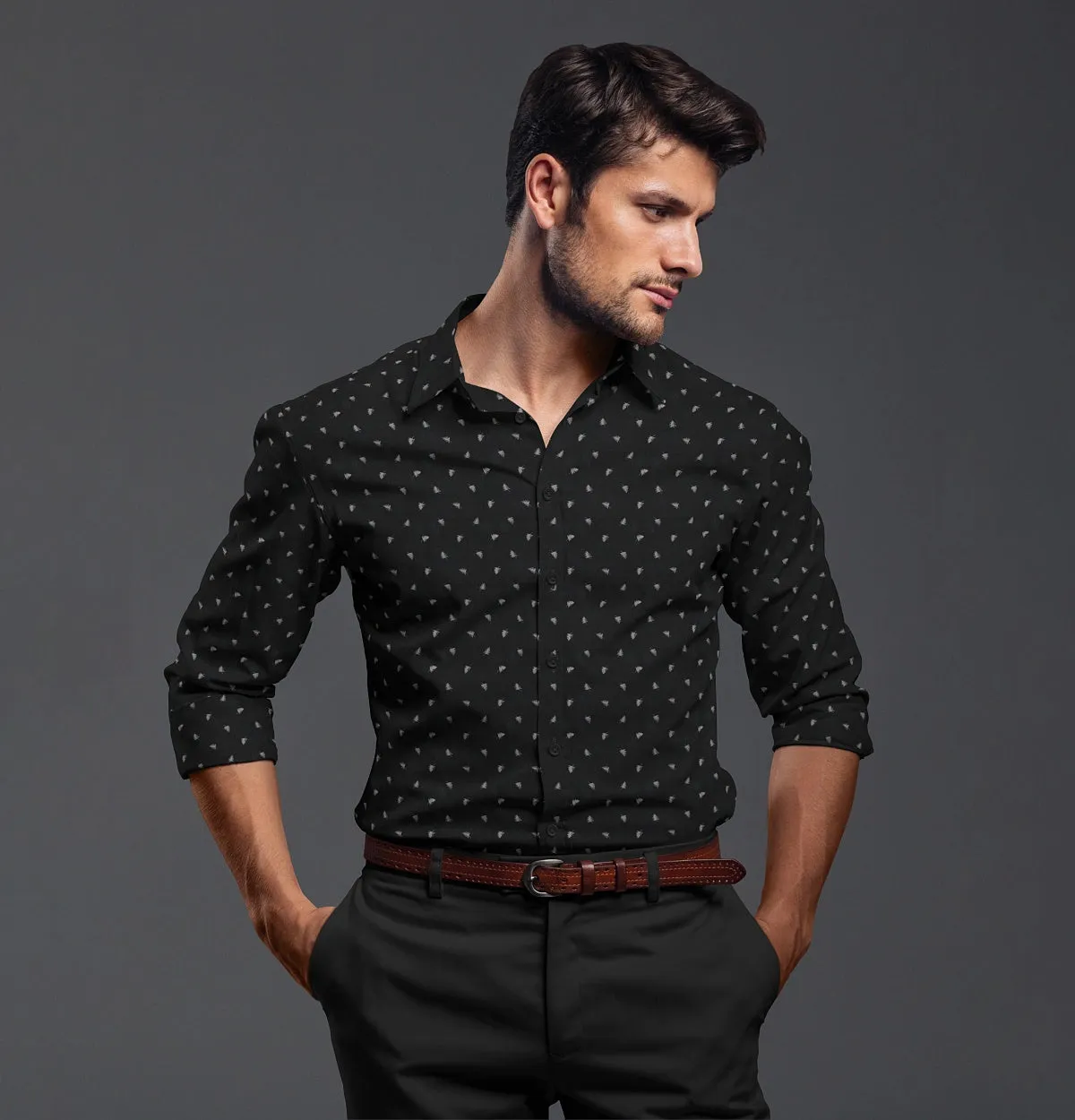 Pure Cotton - Semi-Spread Collar - Long Sleeve - Black Palms