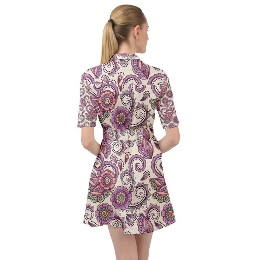Purple Cream Paisley Belted Shirt Dress