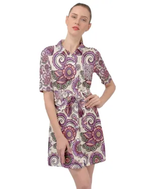 Purple Cream Paisley Belted Shirt Dress