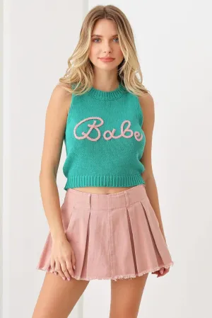 "Babe" Cropped Printed Sweater Knit Tank Vest