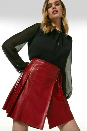 Red Leather Buckle Kilt Skirt For Women
