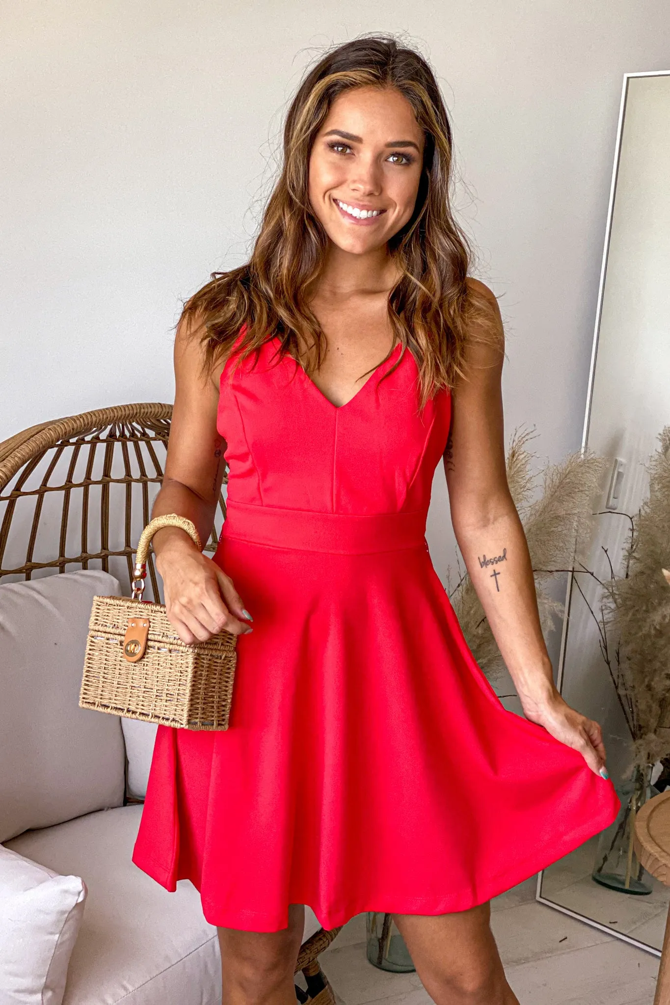 Red Peplum Short Dress With Lace Back