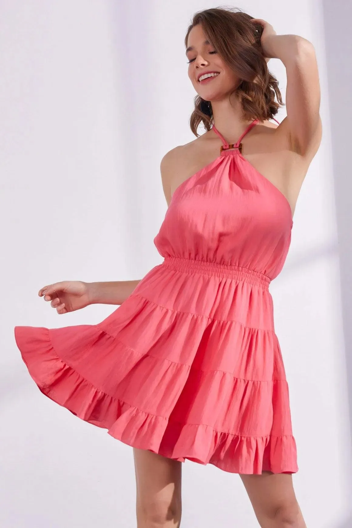 Ruffle Marble Buckle Detailed Halter Dress