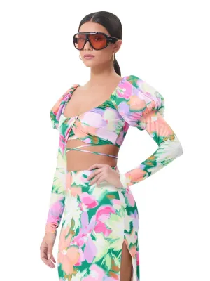 Ryleigh Tie Around Puff Sleeve Floral Crop Top - Spring Blossom
