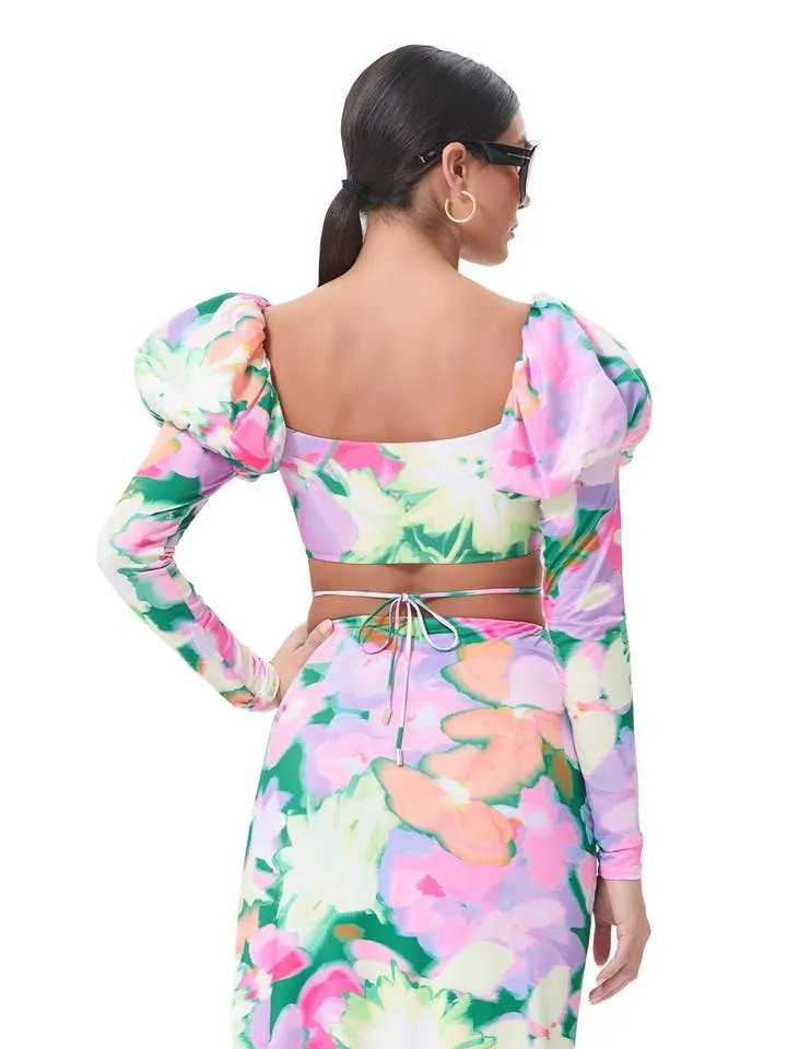 Ryleigh Tie Around Puff Sleeve Floral Crop Top - Spring Blossom