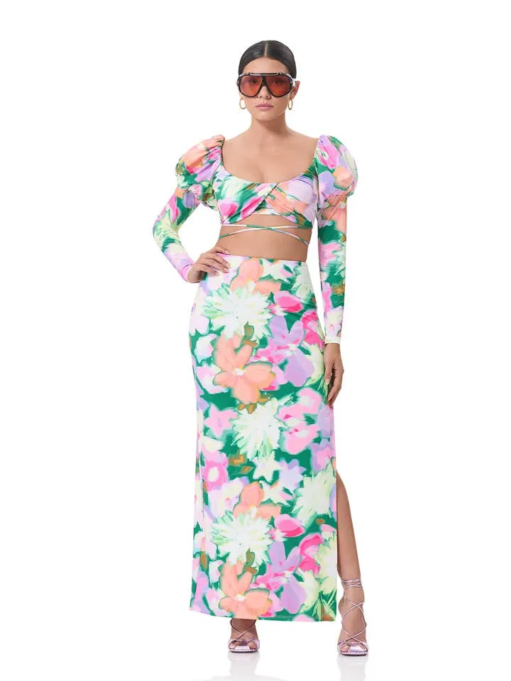 Ryleigh Tie Around Puff Sleeve Floral Crop Top - Spring Blossom