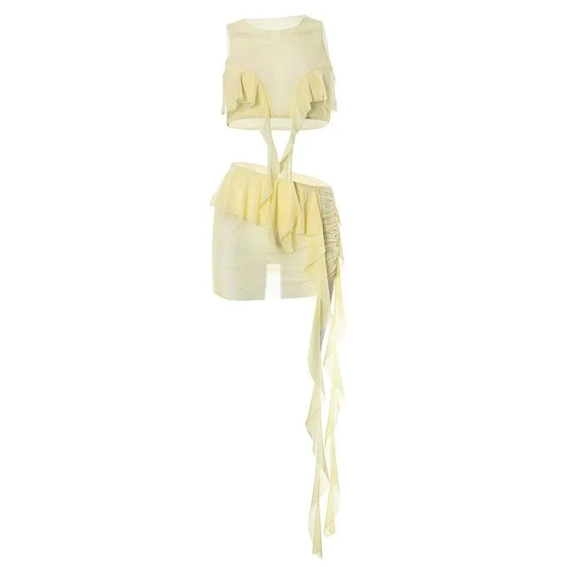 Sheer mesh see through solid ruffle ribbon sleeveless mini skirt set