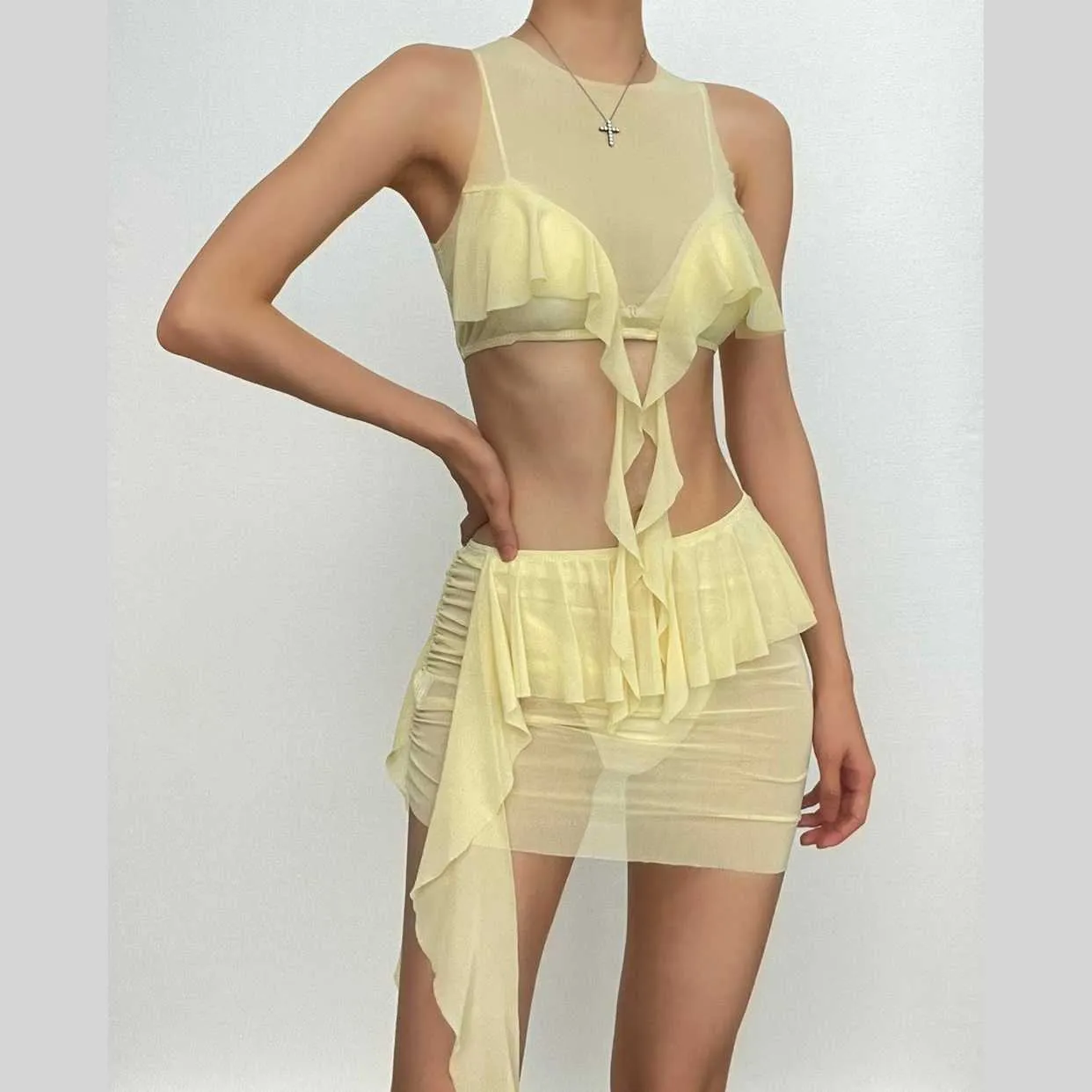 Sheer mesh see through solid ruffle ribbon sleeveless mini skirt set