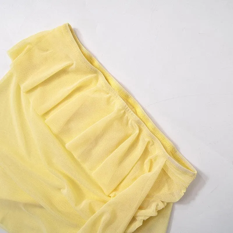 Sheer mesh see through solid ruffle ribbon sleeveless mini skirt set