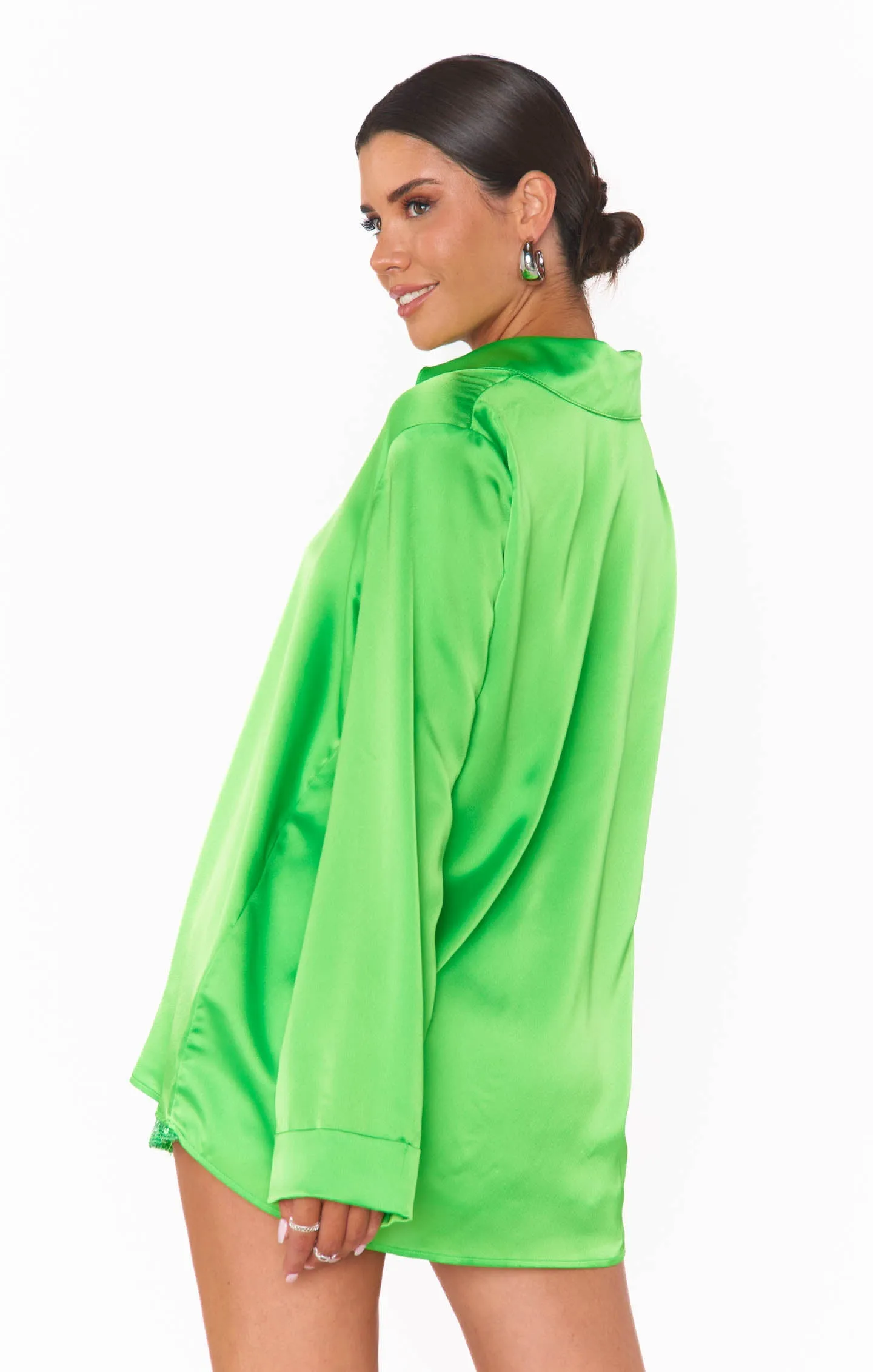 Show Me Your Mumu Smith Button Down Shirt in Bright Green Luxe Satin
