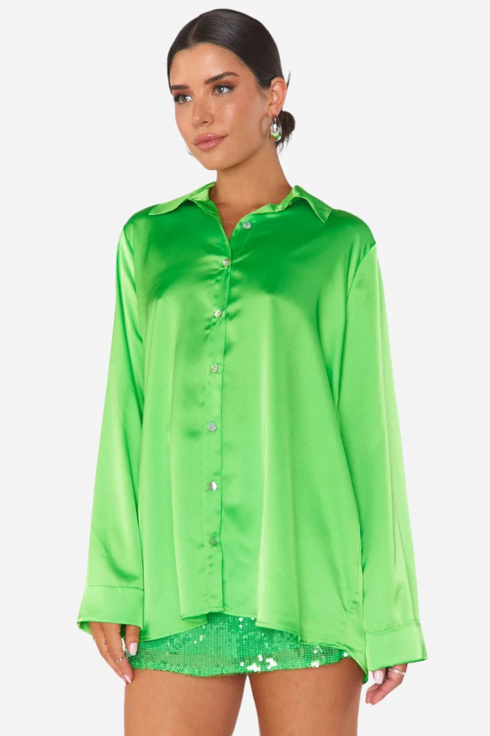 Show Me Your Mumu Smith Button Down Shirt in Bright Green Luxe Satin