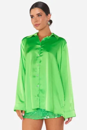 Show Me Your Mumu Smith Button Down Shirt in Bright Green Luxe Satin
