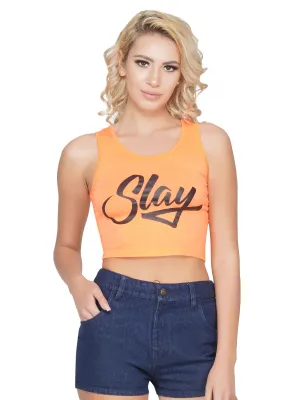 SLAY. Women's Neon Orange Printed Crop Top