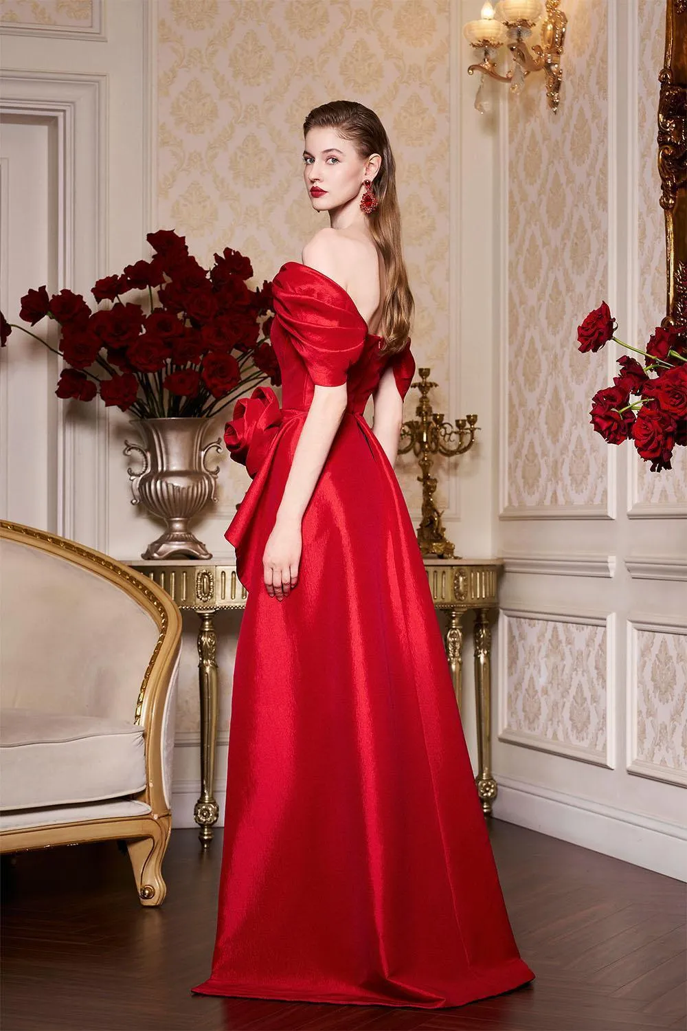 Sophia Peplum Off-Shoulder Taffeta Floor Length Dress