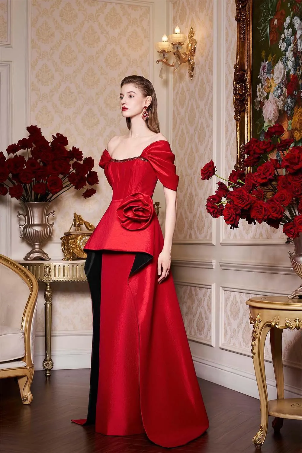 Sophia Peplum Off-Shoulder Taffeta Floor Length Dress