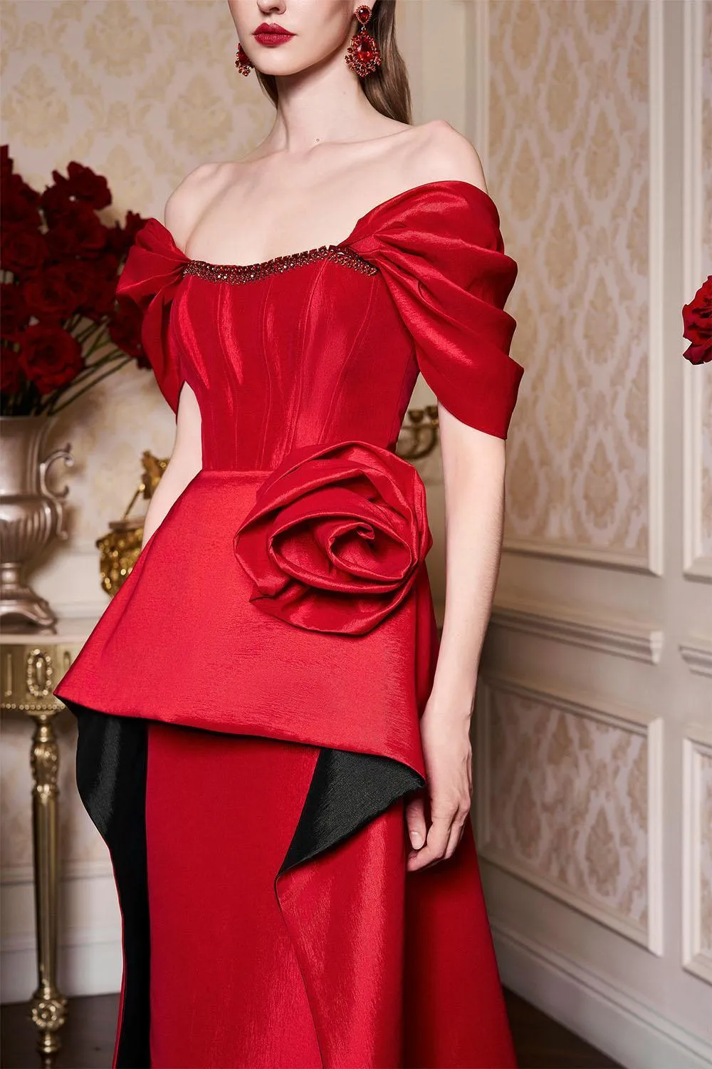 Sophia Peplum Off-Shoulder Taffeta Floor Length Dress
