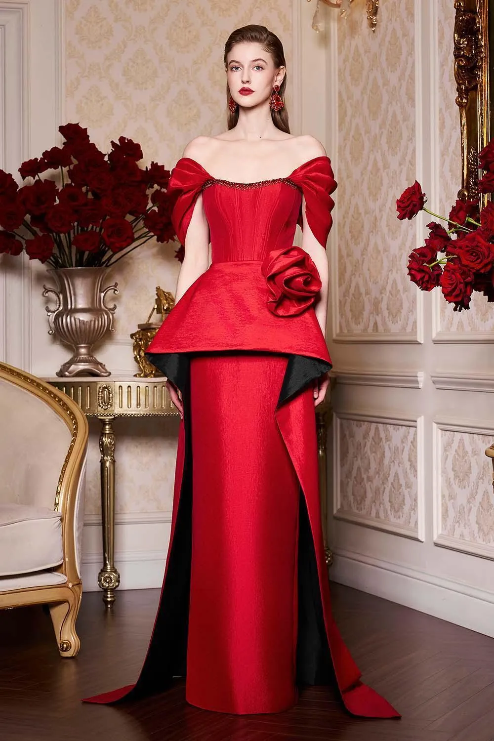Sophia Peplum Off-Shoulder Taffeta Floor Length Dress