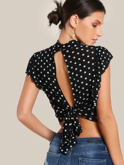 Trendy Polka dot ruffle tie back crop top
