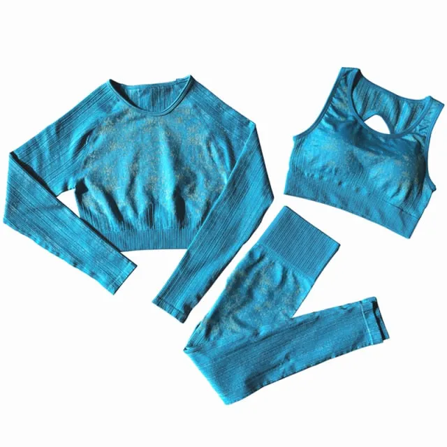 Trendy Seamless Yoga Long Sleeve Crop Top And Leggings Set