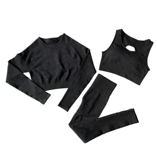 Trendy Seamless Yoga Long Sleeve Crop Top And Leggings Set