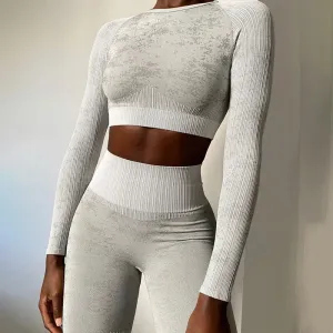 Trendy Seamless Yoga Long Sleeve Crop Top And Leggings Set