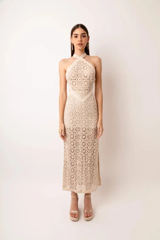 Tuscany Crochet Lace Cut Out Back Halter Maxi Dress