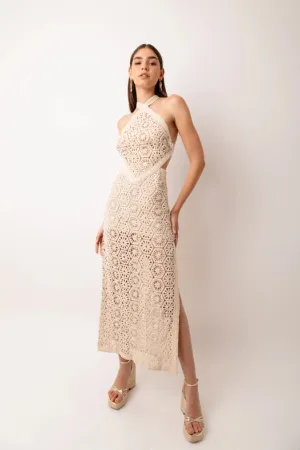 Tuscany Crochet Lace Cut Out Back Halter Maxi Dress