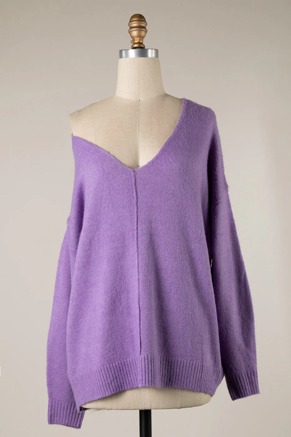 V NECK RIBBED TRIM KNIT OUTLINE SWEATER 1 PACK