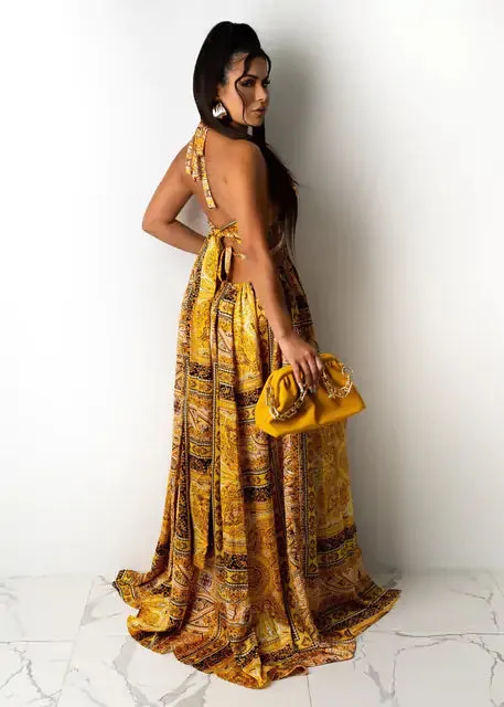 Womens Long Thigh Split Floral Print Summer Dress