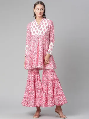 Women'S Red White Peplum Kurta With Sharara Set